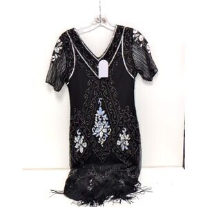 NWT SWEETV Women's Black Beaded Flapper Dress Small Great Gatsby Fringe
